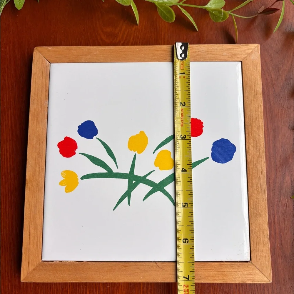 Marimekko Ceramic Tile Trivet with Wooden Frame Bold Tulips  Vintage
